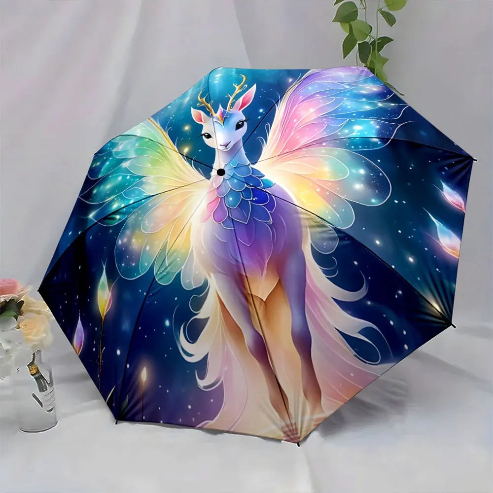 1PC Mystical Unicorn with Vibrant Wings on an Artistic Umbrella Print 8 Iron Ribs Folding Umbrella Auto-Open Fashion Sunshade