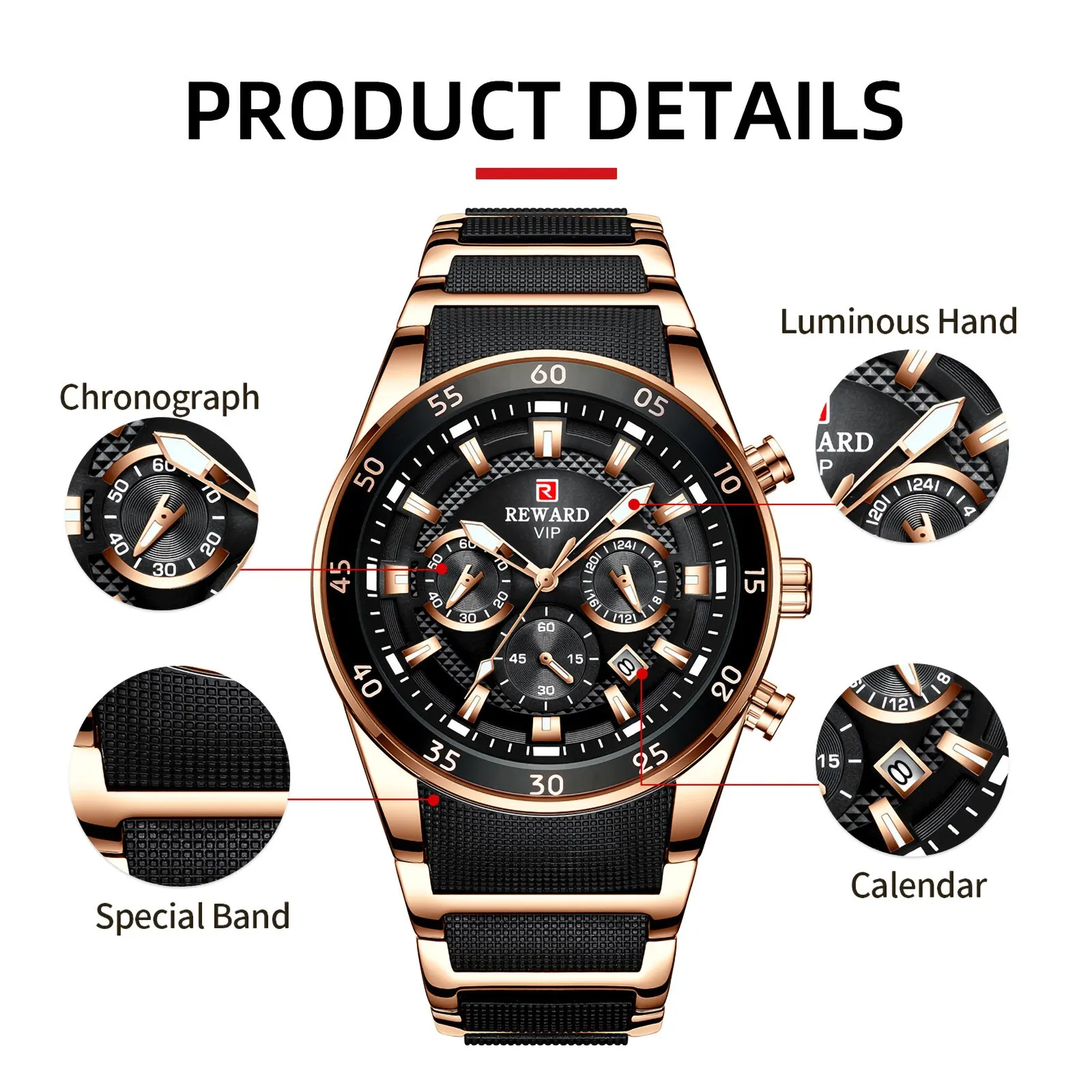 RECOMPENSA Mens Negócios Relógios com Data Cronógrafo Impermeável Luminous Casual Sports Watch para Homem