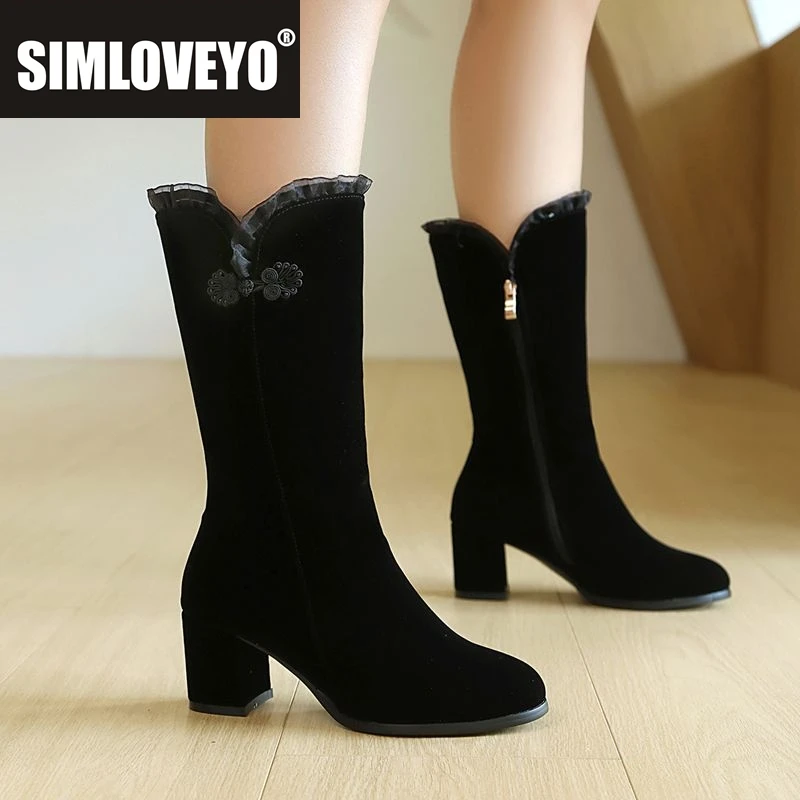 

SIMLOVEYO Flock Suede Women Mid Calf Boots Round Toe Block Heels 5cm Zipper Bowknot Plus Size 41 42 43 Wedding Mature Bota