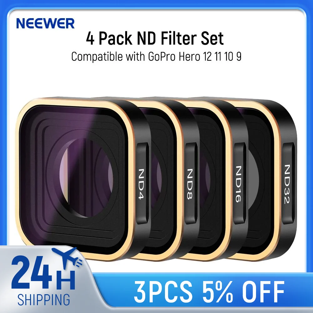 

NEEWER 4-Pack ND4/ND8/ND16/ND32 ND Filter Set Compatible with GoPro Hero 12 11 10 9 Multi-Coated Neutral Density Lens Filter