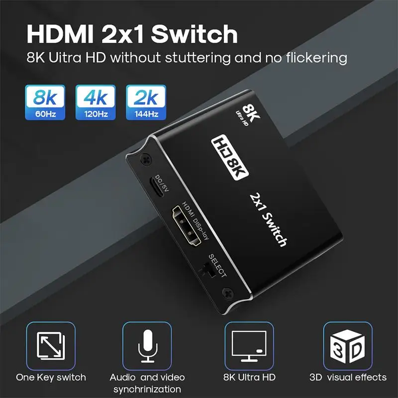 Ultra HD 8K HDM-Is 2.1 Switch 2.1 High-Speed 48gbps Directional Switch 2 In 1 Out Bi-Directional Mini Switch 8K@60Hz 4K@120Hz