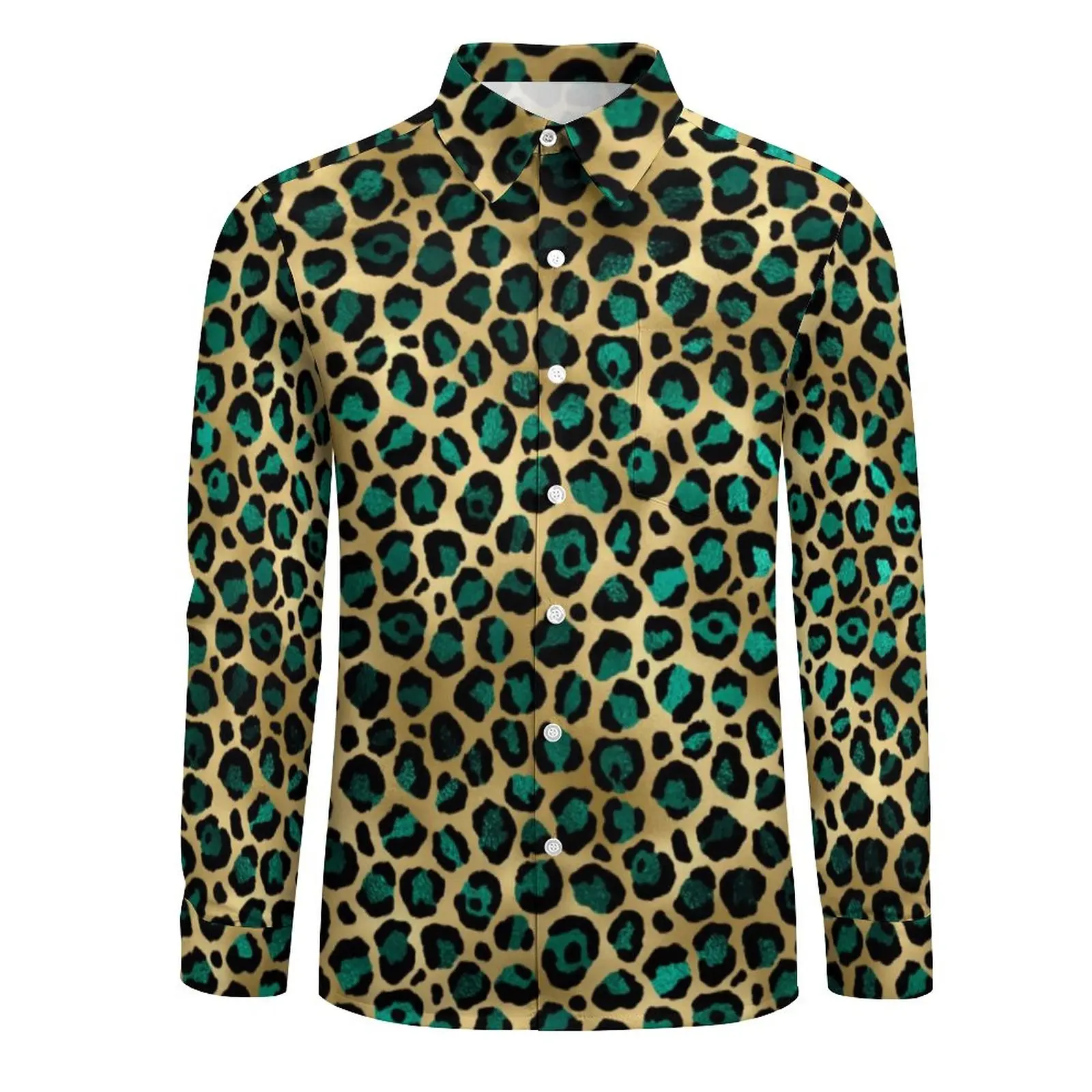 Teal And Gold Leopard Casual Shirt Man Spots Print Shirt Autumn Street Style Blouses Long Sleeve Print Oversize Clothing