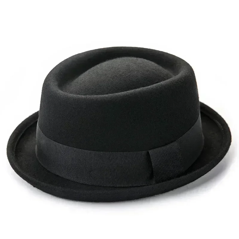 Vintage Pork Pie Hat Men Wide Brim Wool Felt Fedora Black Hat Mans Church Jazz Ribbon Trilby Panama Gangsters Caps Gentlemen