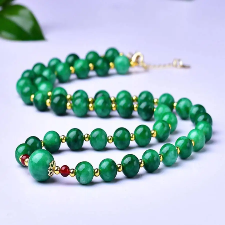 

Natural Dry Green Jadeite, Red Agate & Gold Spacers 108 Mala Beads Necklace Prosperity & Vitality Healing Crystal Jewelry