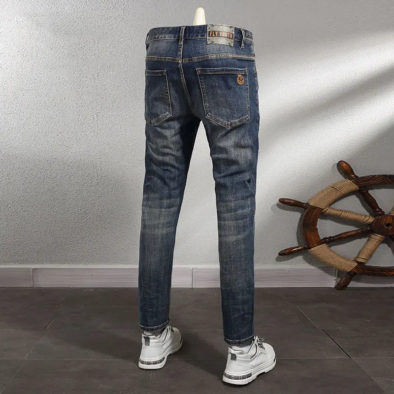 Fashion Designer Men Jeans High Quality Retro Washed Blue Stretch Slim Fit Casual Jeans Men European Vintage Denim Pants Hombre