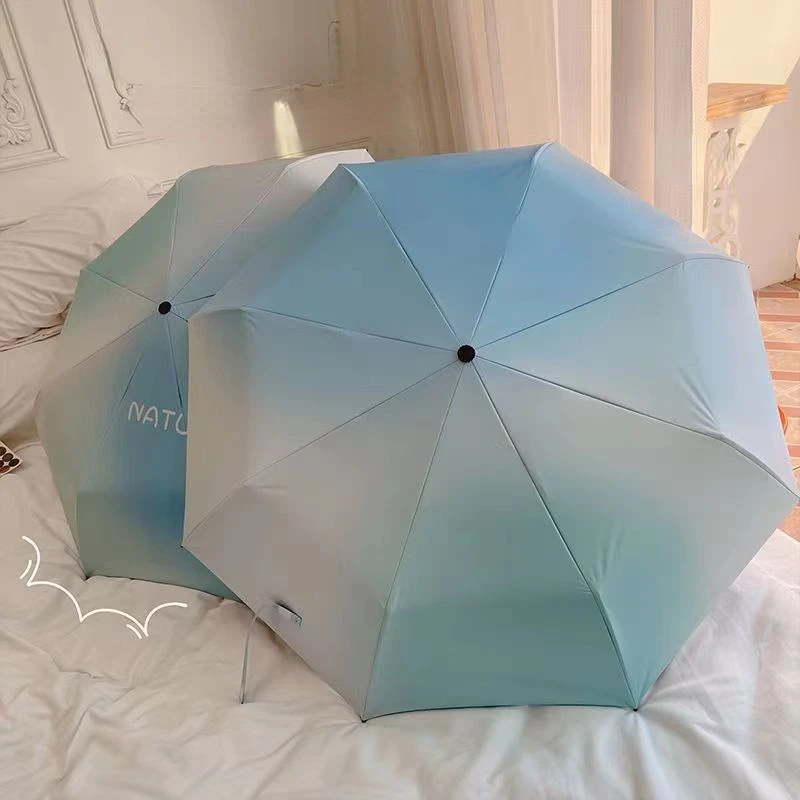 Sunny and Rainy Umbrella Blue Gradient Color UV Protection Black Coating Waterproof Sunshade Sun-proof Portable Three-folding