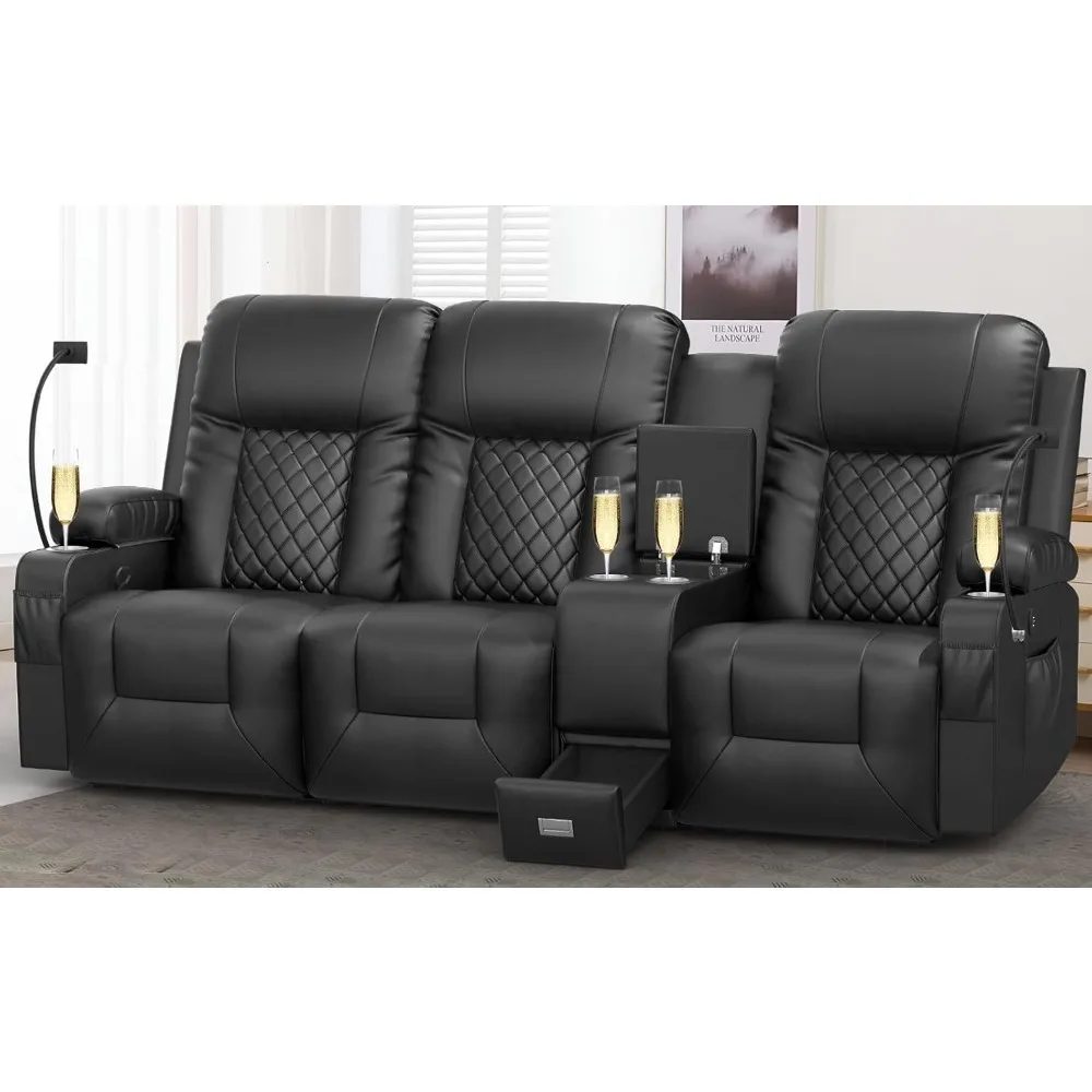 3 Seat Recliner Sofa, Large Reclining Sofa with Storage Console, Manual Reclining Chair with USB Ports, 2 Cell Phone Holder