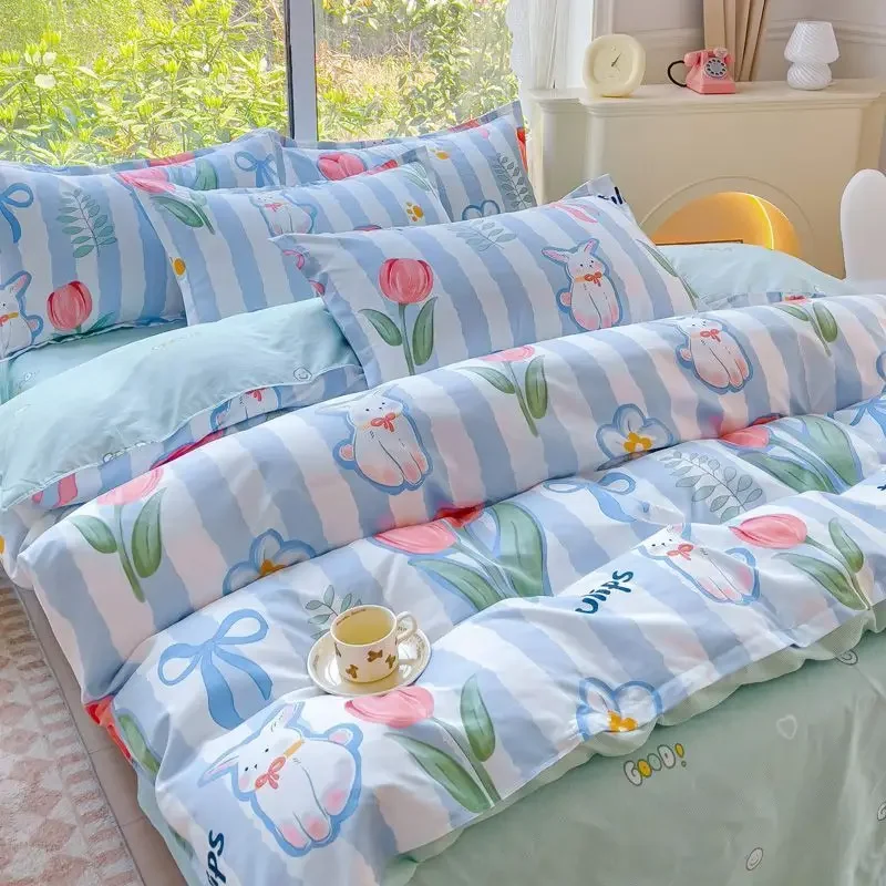 

Romantic Tulip Rabbit Bedding Set Bed Flat Sheet Pillowcase Twin Full Queen Blue Stripe Bed Linen Women Girls Floral Duvet Cover