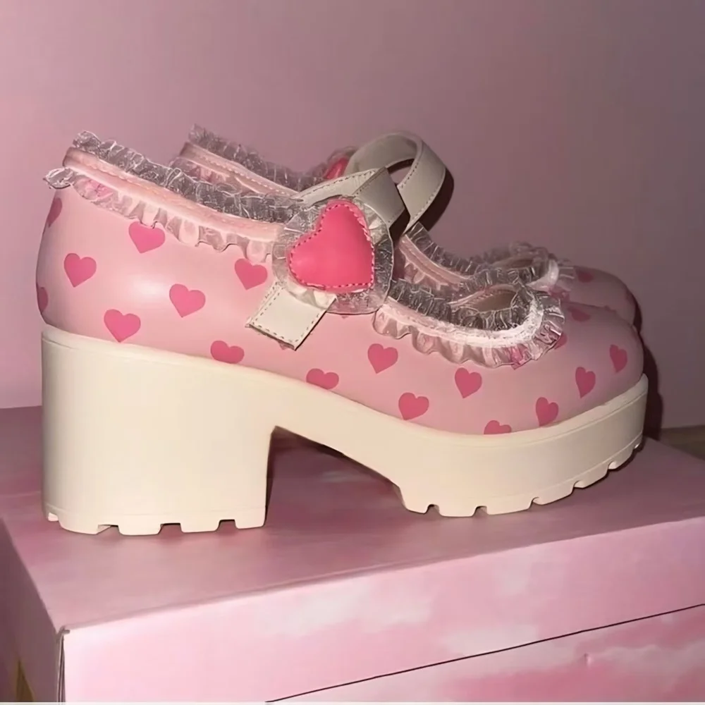 Sweet Lolita Style Pastel Pink Heart-Print Mary Jane Heels Heart Buckle Lace Trim Chunky Platform Block Heel Round-Toe Shoes view 6