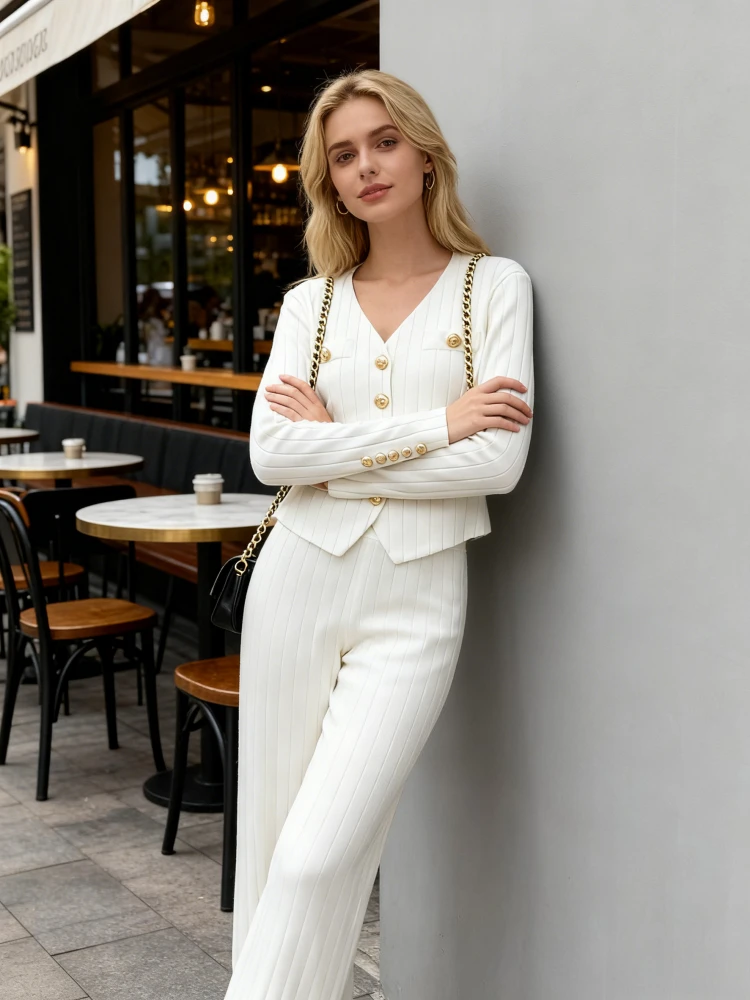 

Мусульманский женский вязаный костюм, жилет, свитер, пальто, пуговицы, вязаные широкие брюки, комплекты из 3 предметов, осенне-зимние вязаные наряды, ансамбли