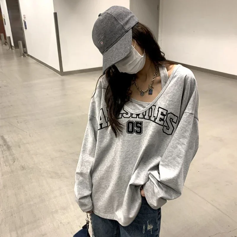 Kawaii Two Pieces Set Oversized T-Shirts Women Y2k Long Sleeve Halter Letter Print Sweatshirt Female Casual Loose Harajuku Tops