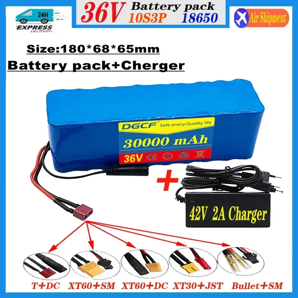 36V 30Ah 18650 battery pack 10S3P 30000mAh built-in BMS, 250W-500W, free 42V 2A charger