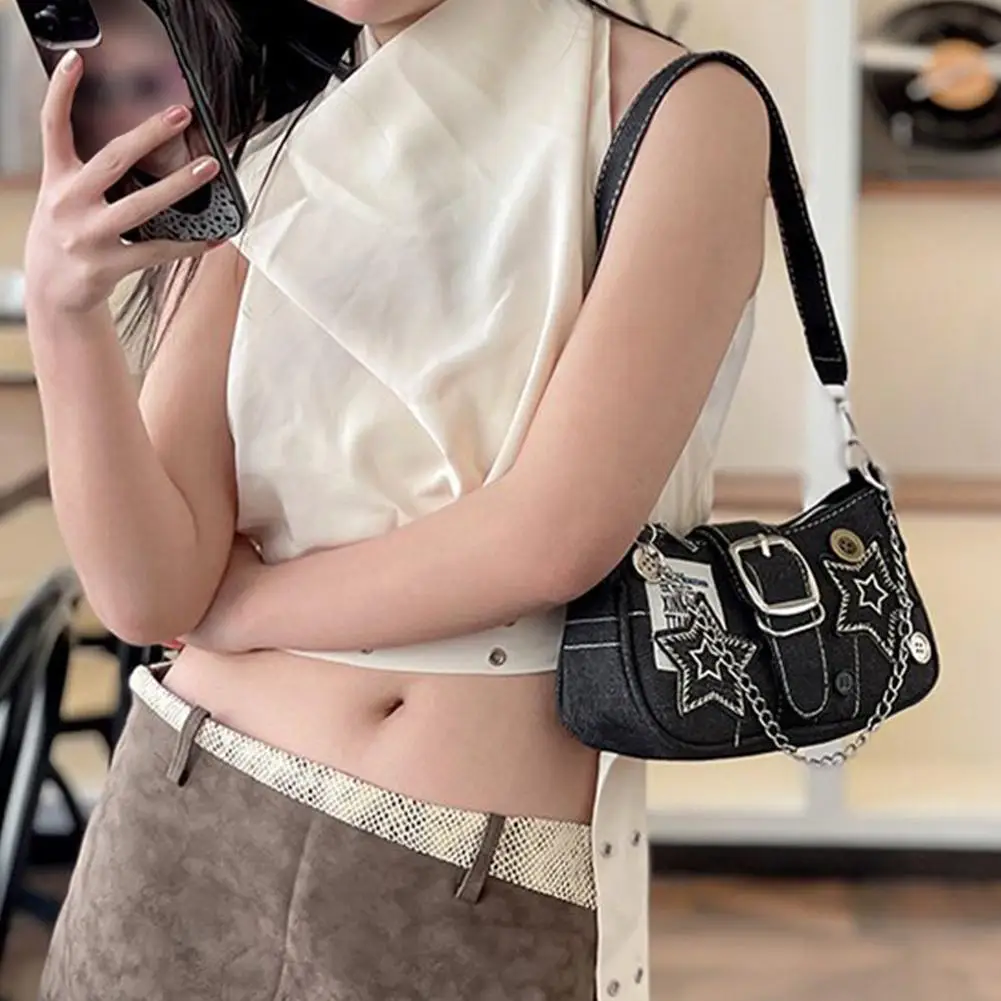 Y2k Fashion Women's Handbags Stars Pattern Cool Girls Underarm Bag Vintage Canvas Female Small Shoulder Bags Chain Tote Purses view 3