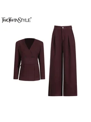 TWOTWINSTYLE Solid Loose Two Piece Set For Women V Neck Spliced Belt Coat High Waist Wide Leg Pant Chic Sets Female Fashion New