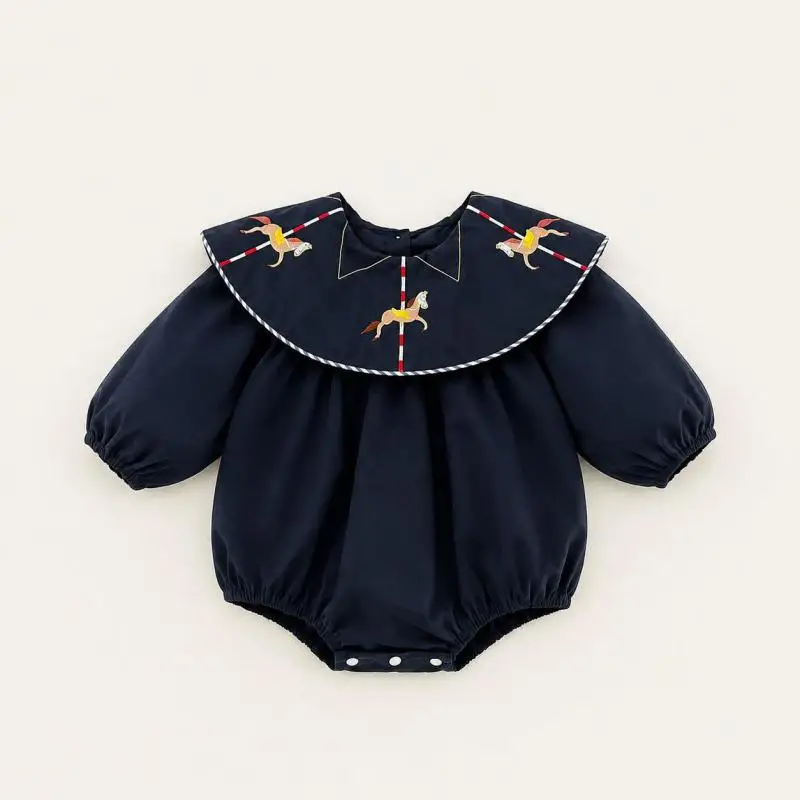 2026 Autumn New Baby Long Sleeve Bodysuit Infant Boy Girl Horse Embroidery Large Lapel Jumpsuit Cotton Newborn Clothes