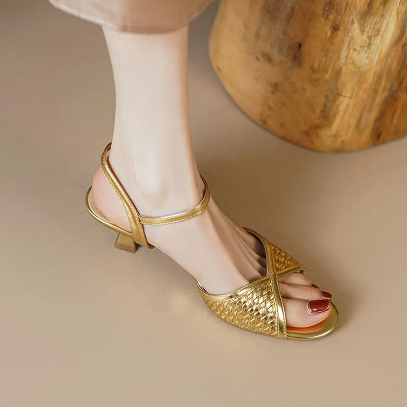 Phoentin Luxury Woman Sandals Kitten Heels French Elegant Shoes 2024 Gold Color Peep Toe Footwear FT3362