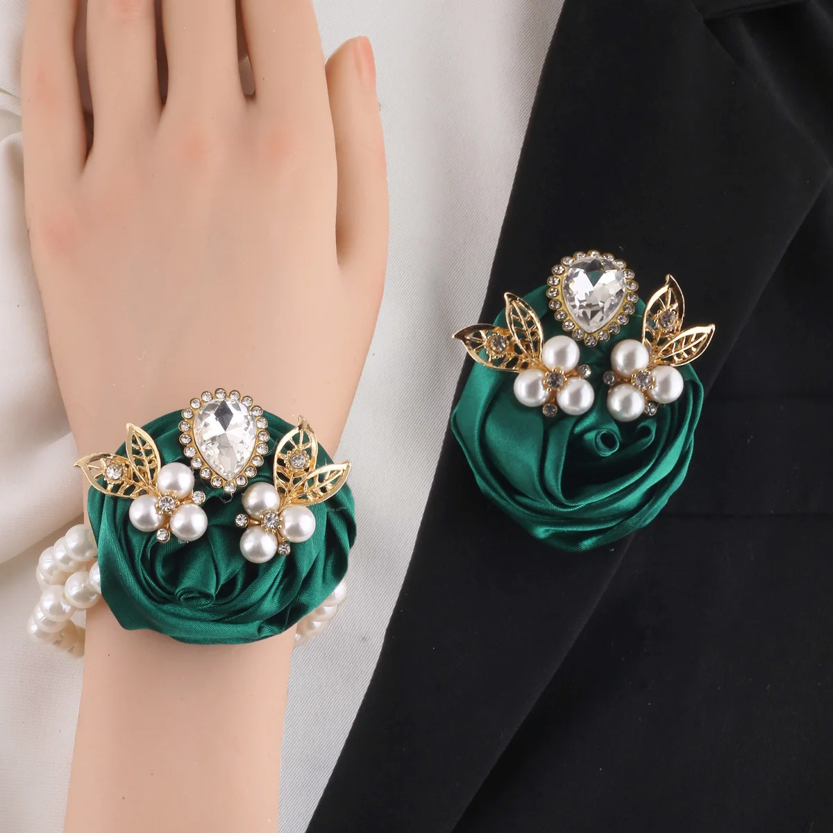 Men's dark green rhinester corsage Girl Pearl Ribbon imitation rose flower wrist flower Party Devil's Eye accessory XH912A