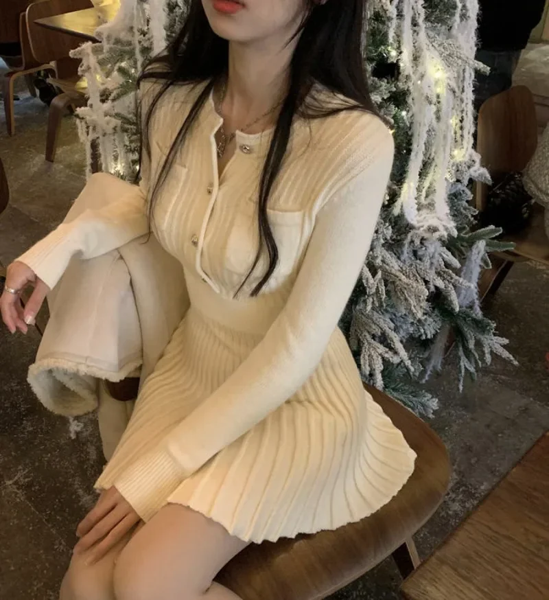 2024 New Round Neck Knitted Sweater Dress Long Sleeve Dress Slim Waist Vestidos Autumn and Winter Pleated Dress for Women