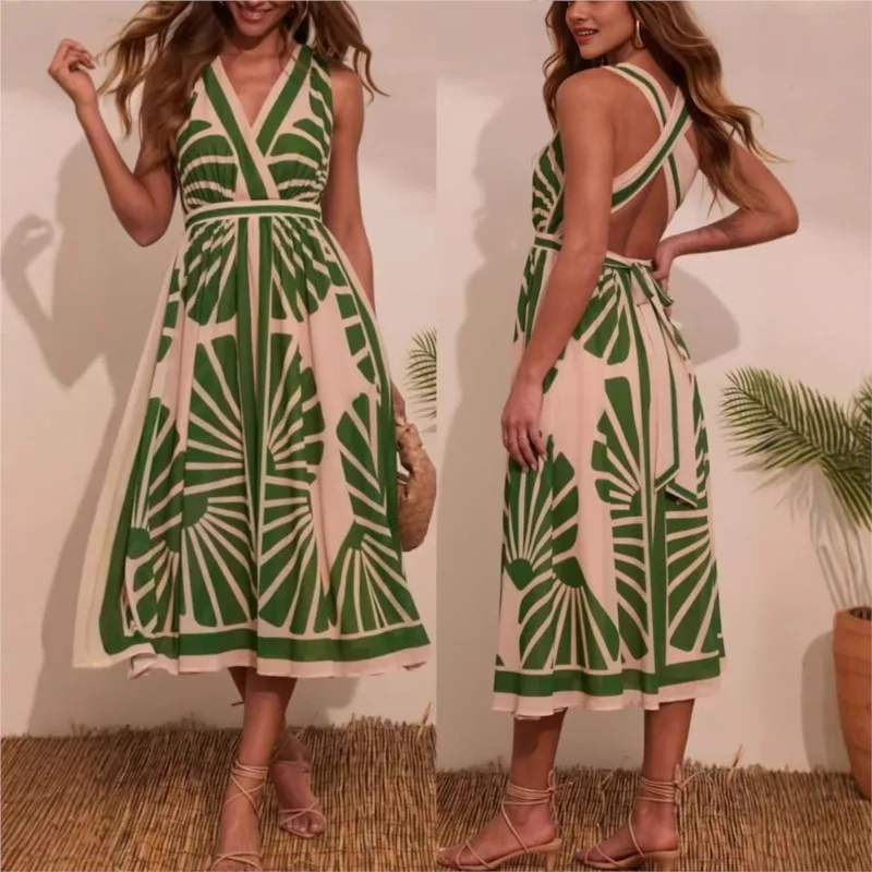 

Богемное длинное платье для женщин: сексуальное, с глубоким V-образным вырезом, без рукавов, летнее, модное, повседневное, с принтом, свободного кроя, с завышенной талией, на шнуровке, с открытой спиной