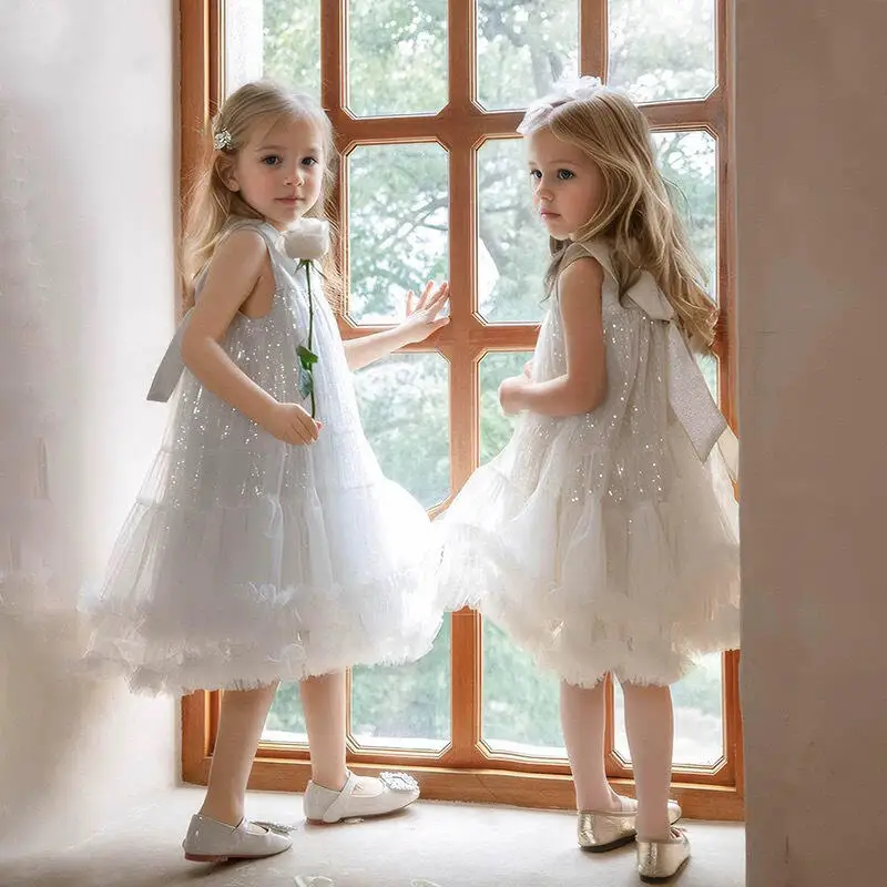 Summer Girl Princess Dress Sweet Glitter Peter Pan Collar Tiered Skirt Sleeveless Mesh Dress Party Evening Dress Festival Gift