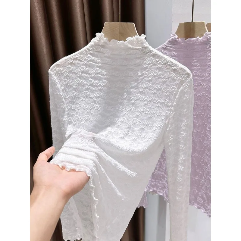 الراقية الأرجواني أنيقة شبكة طويلة الأكمام قاع قميص للنساء في الخريف رقيقة وأنيقة نصف عالية تي شيرت بياقة