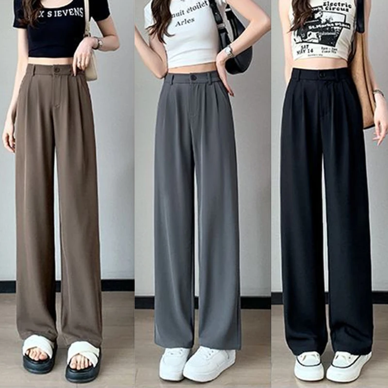 2024 New Women High Waisted Baggy Srtaight Leg Formal Pants Girls Slim Fit Casual Loose Pants Lady Thin Gray Coffee Black Slacks