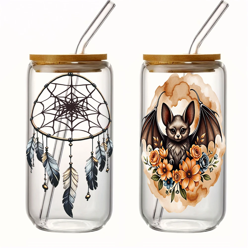 9pcs Gothic Black Cat Crow Bat UV DTF Sticker Flower Feather Dreamcatcher UV DTF Cup Wrap Easy To Use DIY Decals For Glass Cup