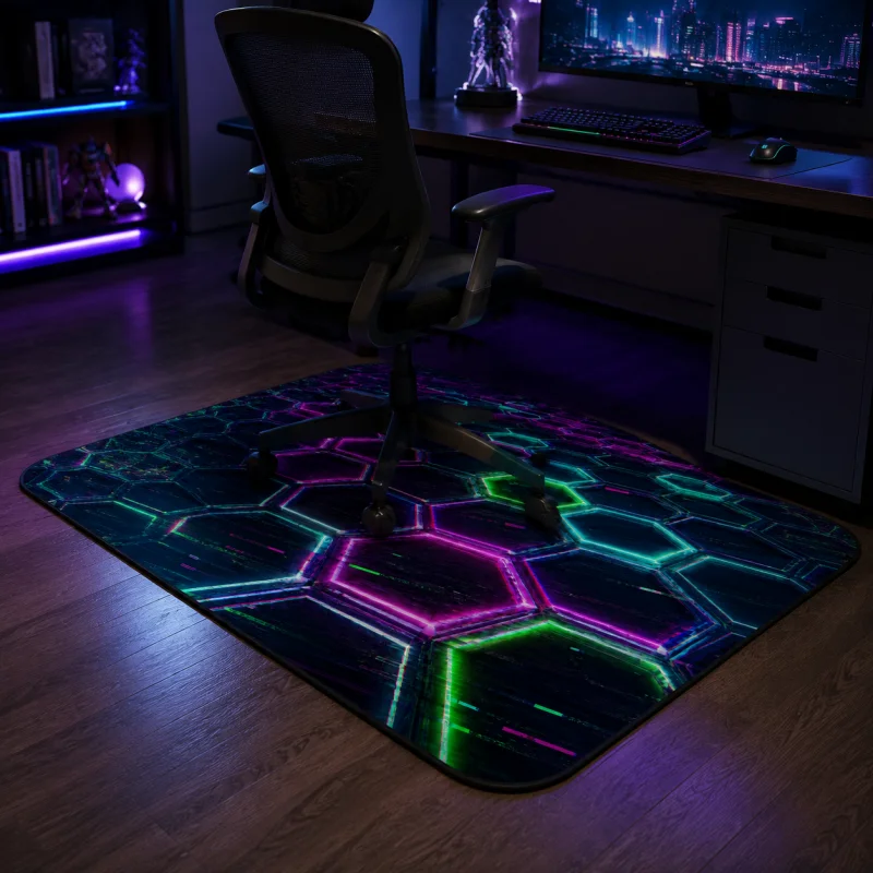 VIKAMA Lava Glow Hexagon Gaming Area Rug Non Slip Anti Noise Chair Friendly E Sports Game Room Floor Mat Home Decor