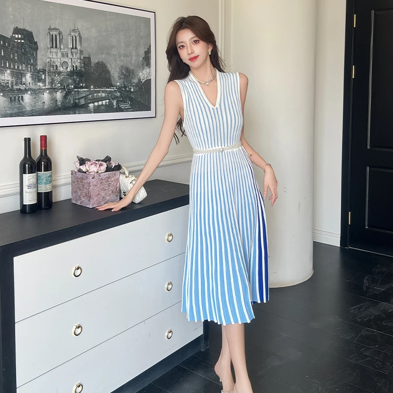 

Hmsevenjz French V-neck Striped Knitted Dress Women's Summer Sleeveless Slim Fit A-line Ice Silk Dress Fashion Female Clothes
