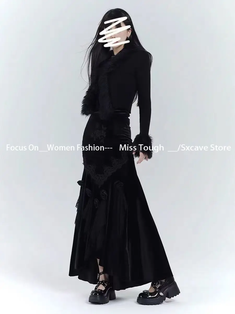 Black Velvet Skrits Women Slim Bodycon 2024 Spring Vintage Skirts Office Lady Gothic Harajuku Pure Color Clothing Outwear Chic