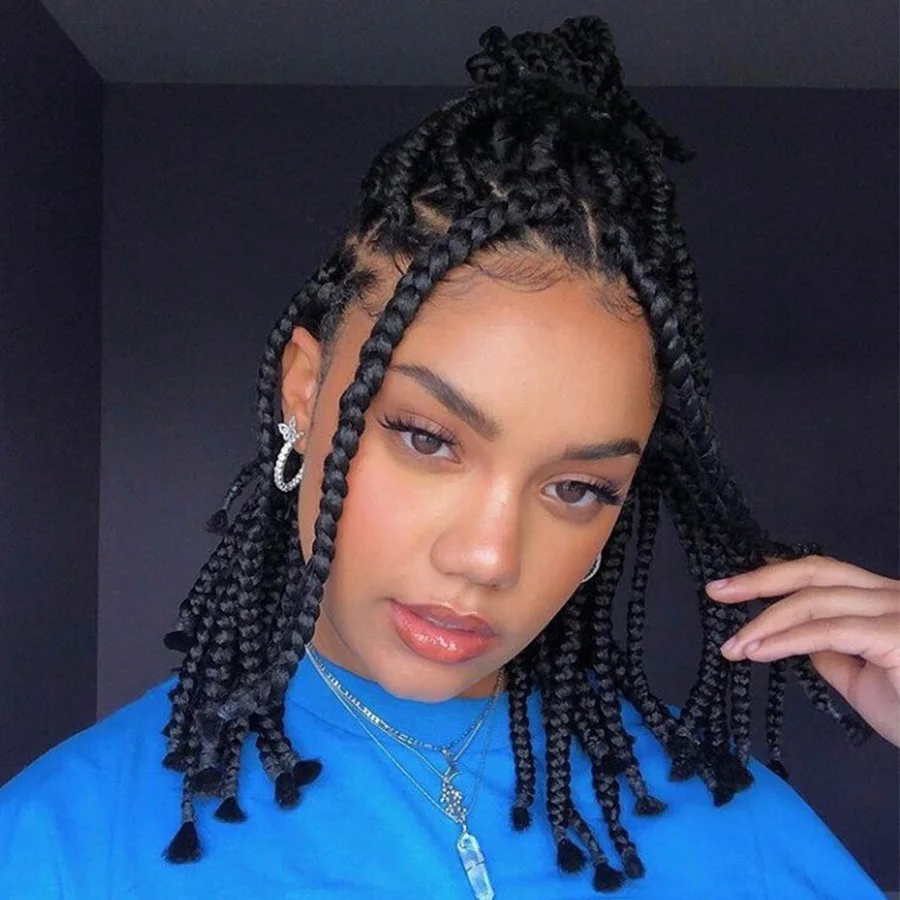 الاصطناعية Knotless شعر مستعار مضفر للنساء السود لينة قصيرة بوب صندوق الضفائر شعر مستعار كامل الدانتيل Cornrows الضفائر Dreadlock مع شعر الطفل #1