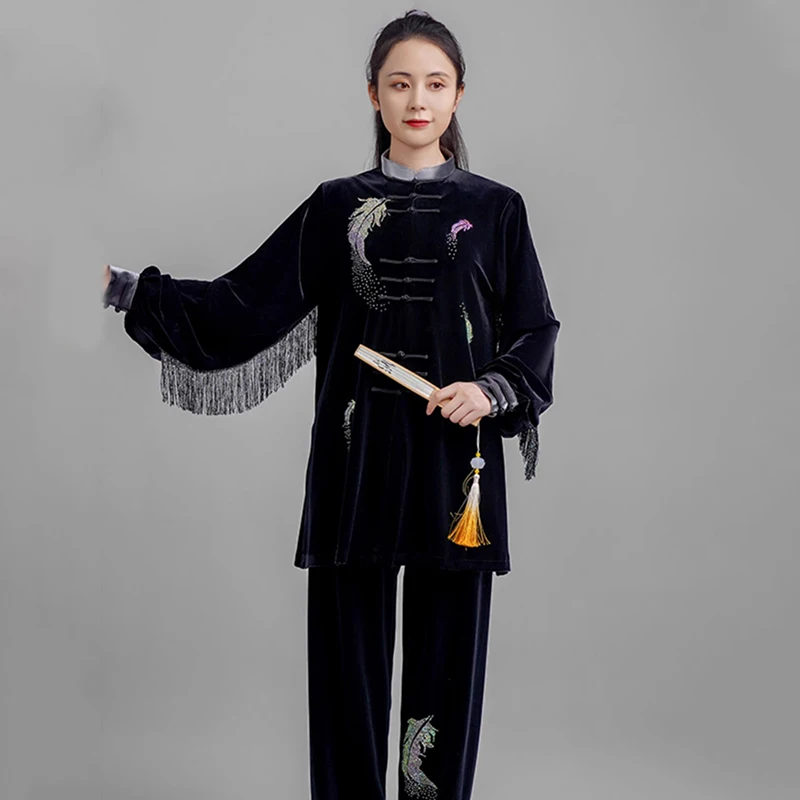 Kun Master Thicken Velvet Taichi Uniform Elegant Winter Martial Arts Suit Embroidery Kung Fu Clothes Performance Taiji for Women