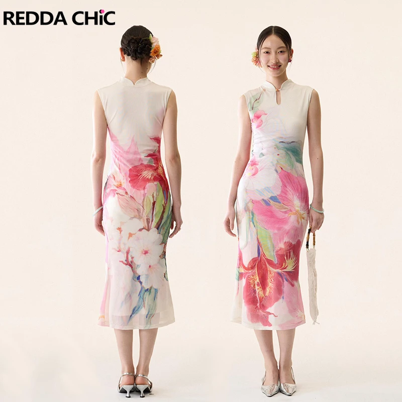 REDDACHiC сетчатое платье Cheongsam с цветочным принтом, женское эластичное тонкое ажурное длинное платье Ципао, сказочная элегантная китайская летняя одежда