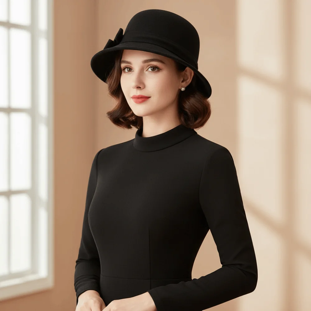 Jazz Cap Felt Wool Bucket Hat French Style Bow Panama Hat Hepburn Style Flat-top Black Topper Hat Party