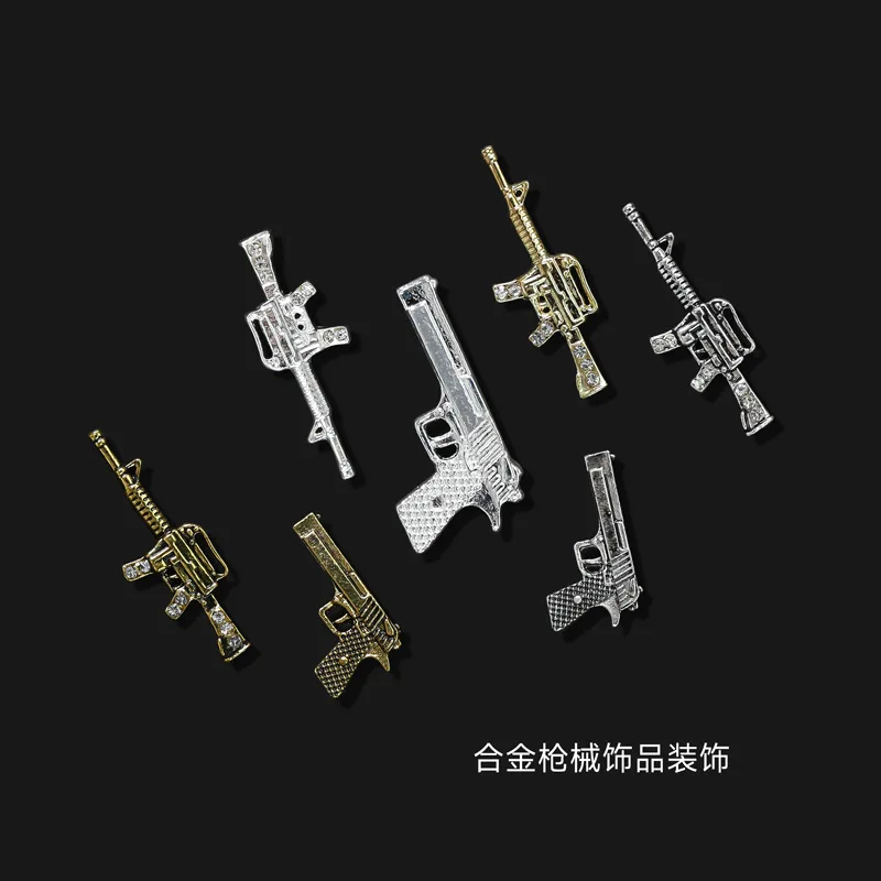 Metail Firearms Nail Charms, Manicure Decor, Nails Rifle Pistola, Submetralhadora Design Decorações, Ouro e Prata Acessórios, 10pcs