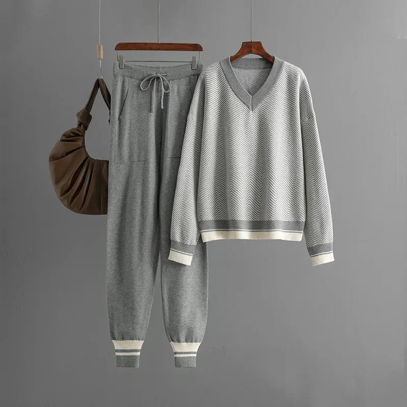 Autumn Winter New Sweater Suit Knitted Striped V-Neck Loose Long Sleeve Commuter Sweater Packet Pants for Women Two-Piece Set