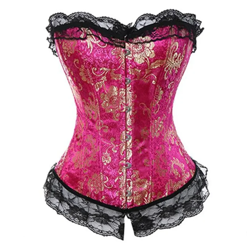 Women Sexy Busier and Corset Top Corselet Floral Lace Trim Overlay Corsets Overbust Burlesque Showgirl Body Shaper Plus Size