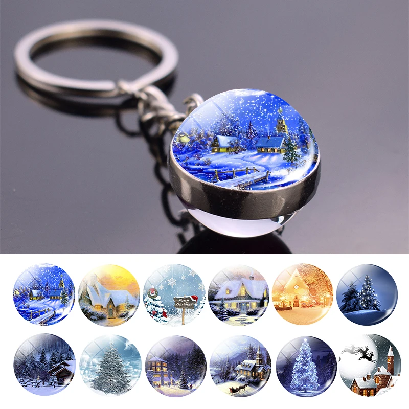 Snow House Keychain Double Sides Christmas Tree Glass Ball Key Chain Car Keyring Christmas Gift