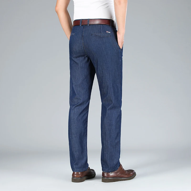 Pantalones vaqueros finos y cómodos para hombre, pantalones elásticos de cintura alta, transpirables, sueltos, rectos, de mediana edad, negocios y ocio, Verano