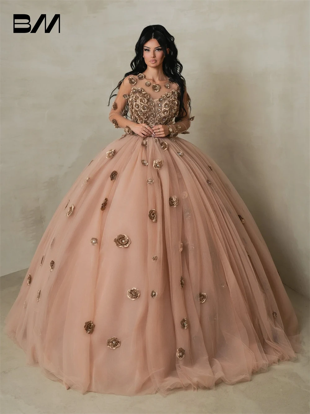 BRLMALL High End Prom Dress, Rose Shaped Appliques Sweet 15 Dresses, Customized Full Sleeves Party Gown, Quinceanera Dress