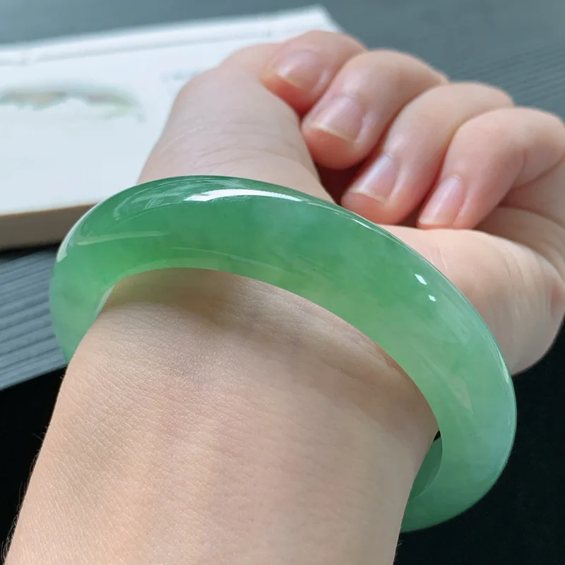 Jadeite bracelet, Burmese old mine ice waxy jade, regular round shape, with floating patterns, bright green and light green, rou view 2