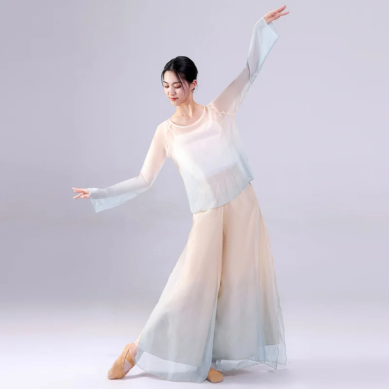 Roupa curta para dança clássica, roupa de seda feminina, cor gradual, top fada, charme corporal, arte chinesa