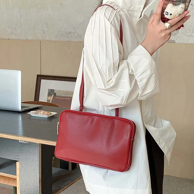 

Double Layer Zipper Cute Small Design Solid Color Shoulder Bags for Women Korean Fashion Handbags Leather Tote Bag