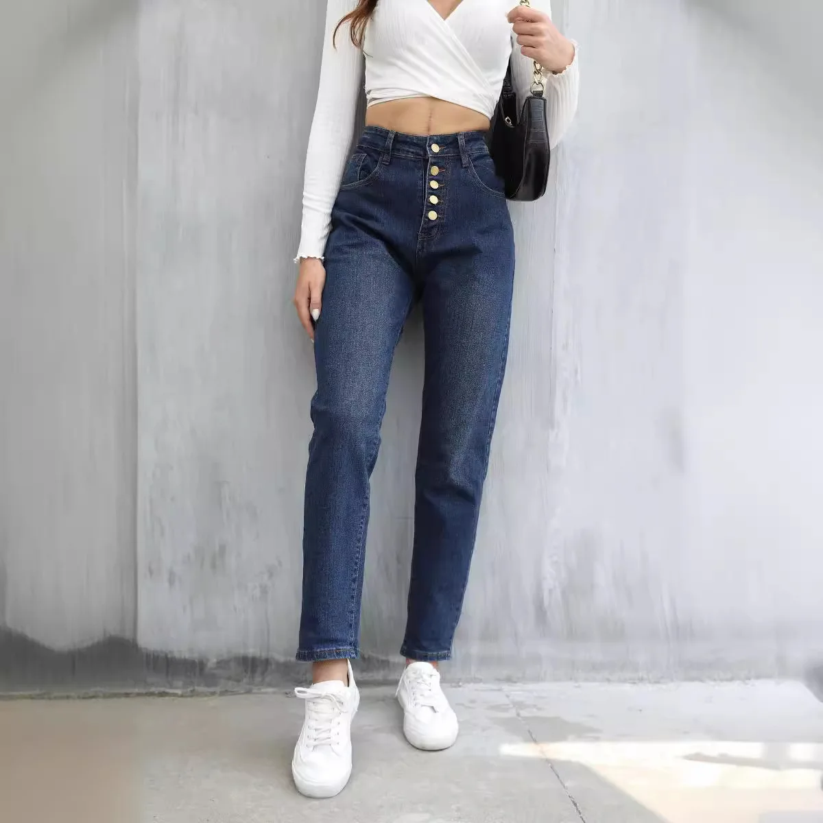 

Модные джинсы слим-фит на пяти пуговицах, с высокой талией, прямые, длинные, осенние, повседневные, с высокой эластичностью