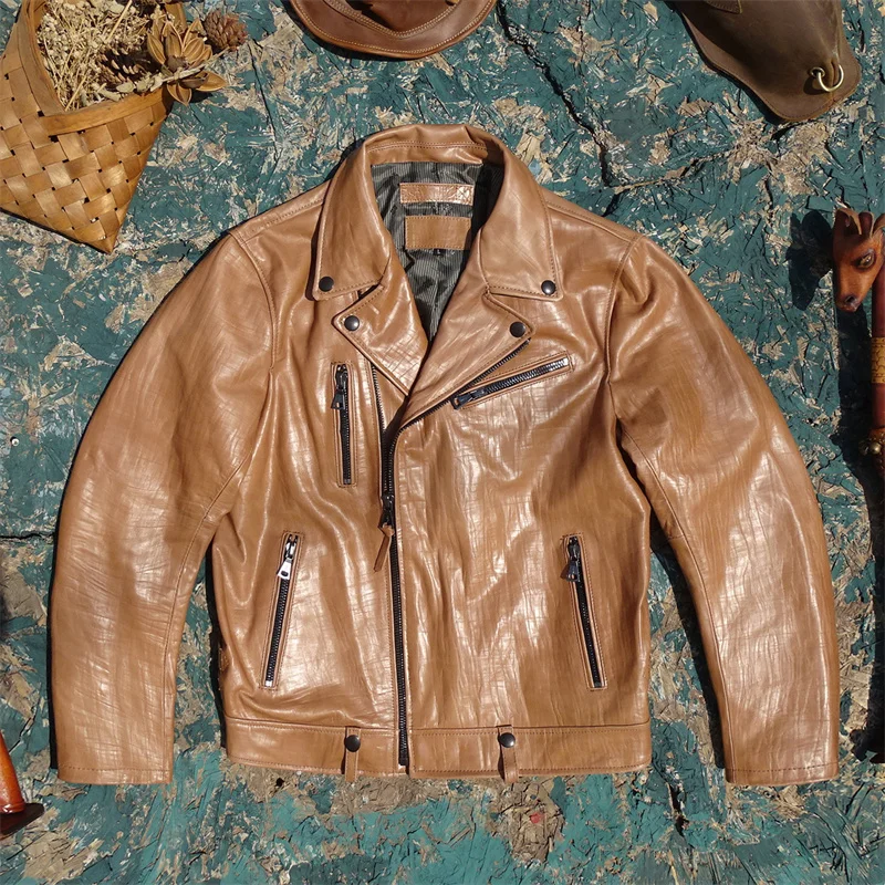 

Винтажная мужская роскошная мотоциклетная куртка из натуральной яловой кожи тютного цвета или Sle Faion, городской дизайн