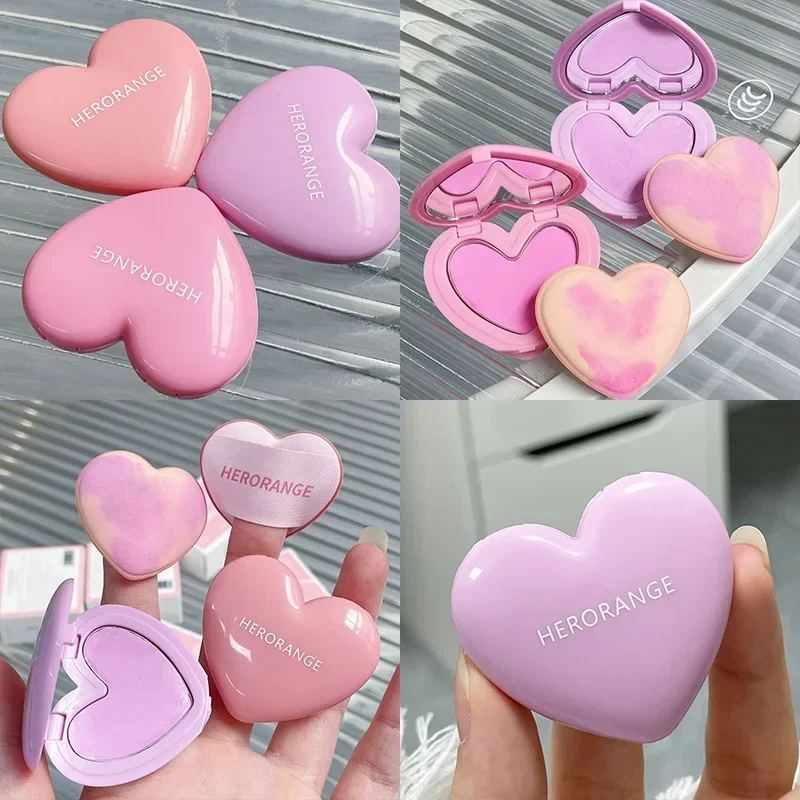 Purple Peach Cream Blush Makeup Palette Moisturizing Cheek Tint 3 Colors Orange Peach Pink Blusher Love Shape Blush With Puff