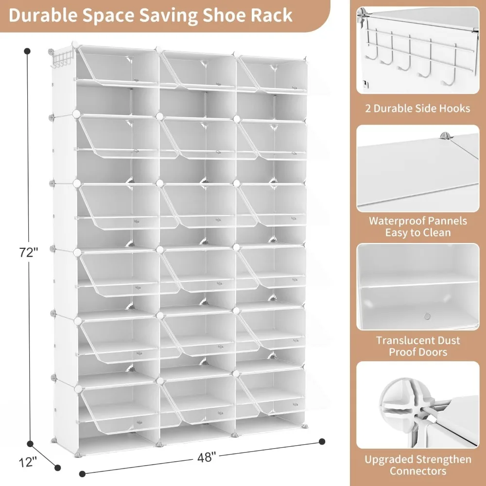 Portable Shoe Rack Organizer with Door, 72 Pairs White Storage Cabine Covered RackOrganizer for Closet with Door