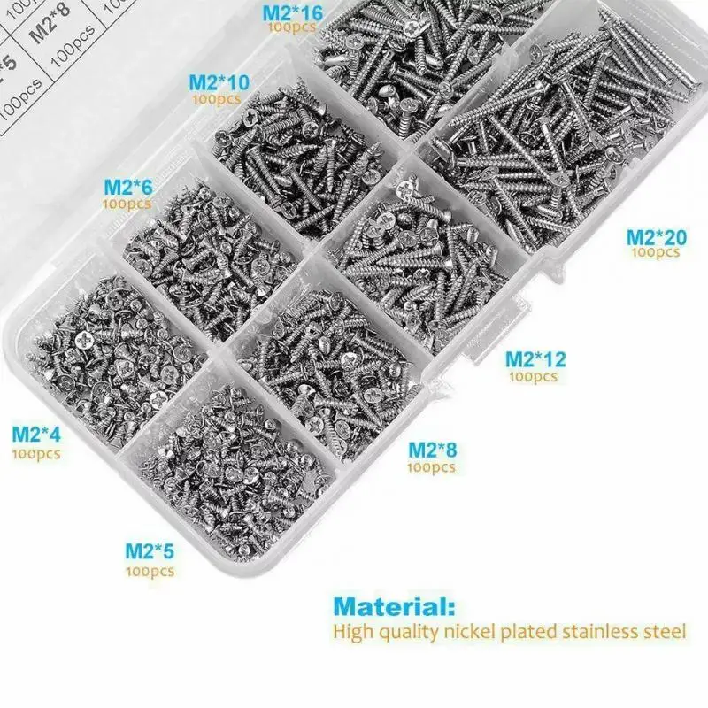 800Pcs Stainless Steel Self Tapping Screw M2x4 M2x5 M2x6 M2x8 M2x10 Tapping Wood Crew Fastener Kit Lock Screw Bolt Nut Set