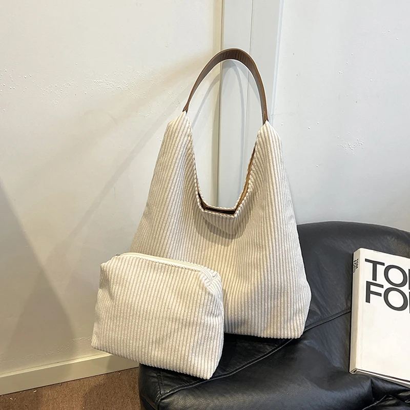

Hot Sale Fashion Corduroy Stripes Handbag Trendy Retro Versatile Shopping Commute Shoulder Bag Travel Storage Tote Bag for Women