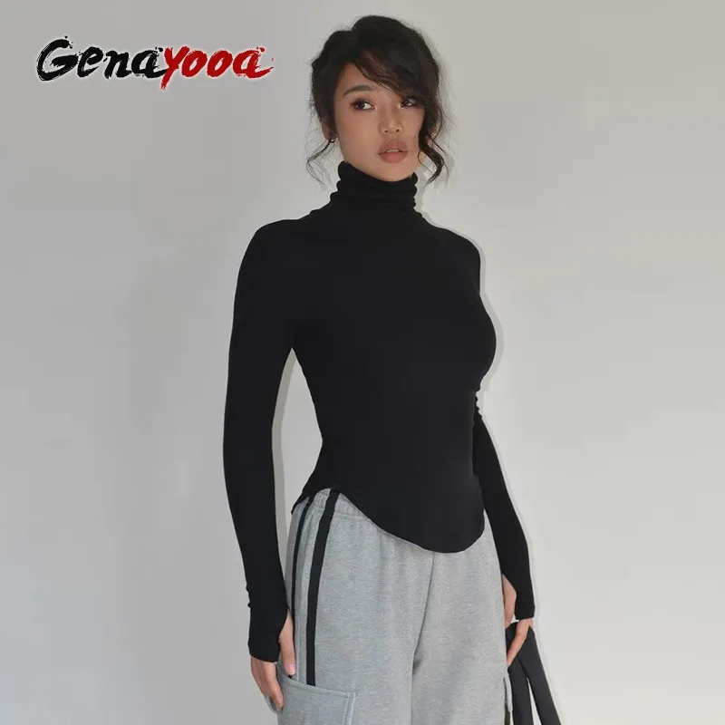 Genayooa Harajuku Turtleneck T Shirt Women Long Sleeve Skinny Y2k Vintage Tops Streetwear Solid Basic Tshits Fairycore Tee Tops